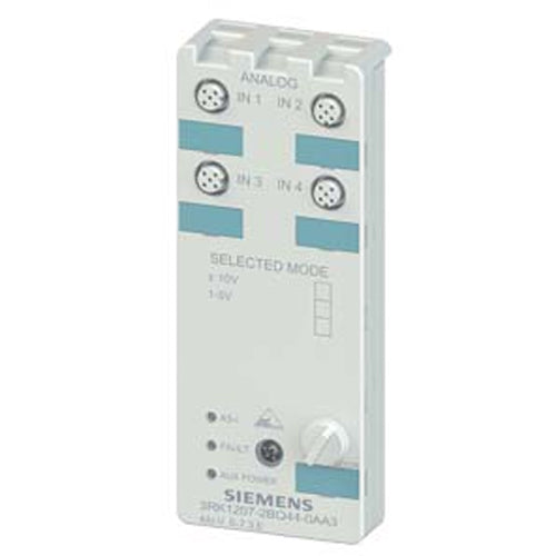 Siemens 3RK1207-2BQ44-0AA3, AS-i Compact Module K60 Analog 4 AI, IP67 4 x Input, Voltage +/- 10 V 1..5 V for 4-Wire Sensors 4 x M12 Socket Mounting Plate 3RK1901-0CA00 Must Be Ordered Separately