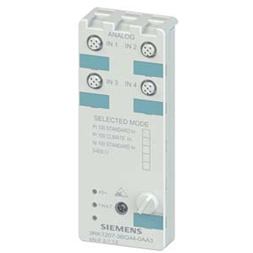 Siemens 3RK1207-3BQ44-0AA3, AS-i Compact Module K60 Analog 4 AI, IP67 4 x Input, Resistor Pt100, Ni100, 0-600 ohm for 4-Wire Sensors 4 x M12 Socket Mounting Plate 3RK1901-0CA00 Must Be Ordered Separately