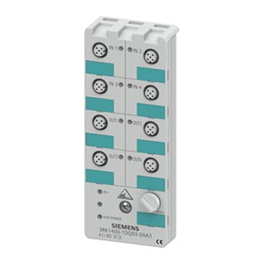 Siemens 3RK1400-1DQ03-0AA3, AS-i Compact Module K60 Digital 4 DI/4 DQ, IP67 4 x Input, Maximum 200 mA 4 x Output, 1 A, 24 V DC 8 x M12 Standard Sockets Mounting Plate 3RK1901-0CA00 Must Be Ordered Separately