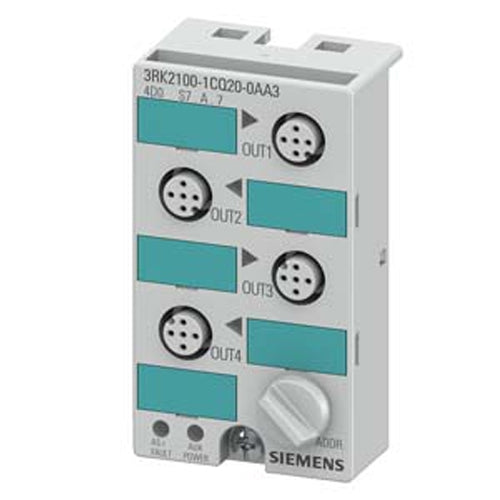 Siemens 3RK2100-1CQ20-0AA3, AS-i Compact Module K45 Digital A/B Slave, 4 DQ, IP67 4 x Output, 1 A 24 V DC Maximal 3 A for All Outputs 4 x M12 Socket Mounting Plate 3RK1901-2EA00 or 3RK1901-2DA00 Must Be Ordered Separately