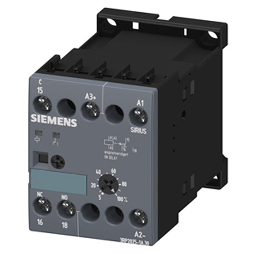 Siemens 3RP2025-1AQ30, Timing Relay, Electronic Slow-Operating 1 Change-Over Contact 24 V AC/DC, 200 to 127 V AC at 50/60 Hz AC 0.05 s to 100 h Overall Width 45 mm Screw Terminal