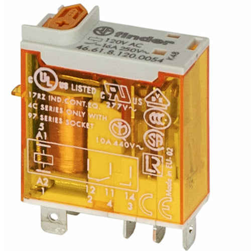 Finder 46.61.8.120.0054, Miniature Industrial Relay, SPDT, 16A, 120V AC Coil, AgNi Contact, Lockable Test Button, LED and Mech. Indicator