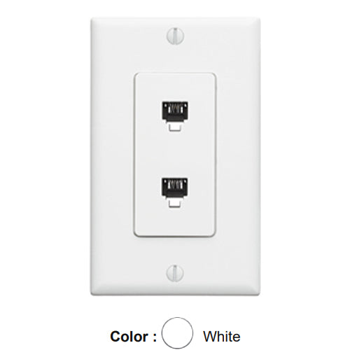 Leviton 40144-W, Decora Telephone and Video Wall Jack Assembly, 6P4C + 6P4C, Screw Terminals, White