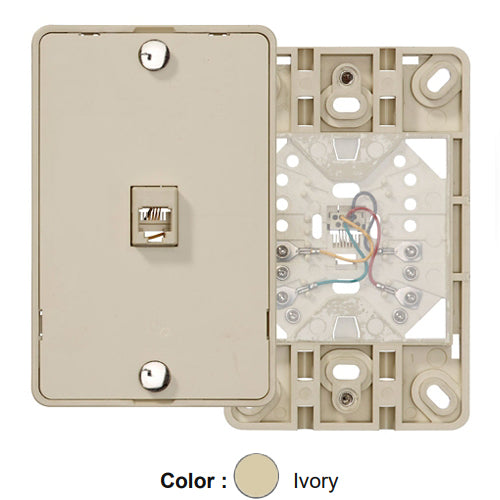 Leviton 40214-I, Telephone Wall Phone Jack Wallplate, 6P4C, Screw Terminal, Plastic with Plastic Base, Ivory