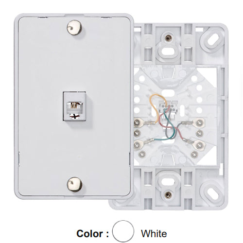 Leviton 40214-W, Telephone Wall Phone Jack Wallplate, 6P4C, Screw Terminal, Plastic with Plastic Base, White