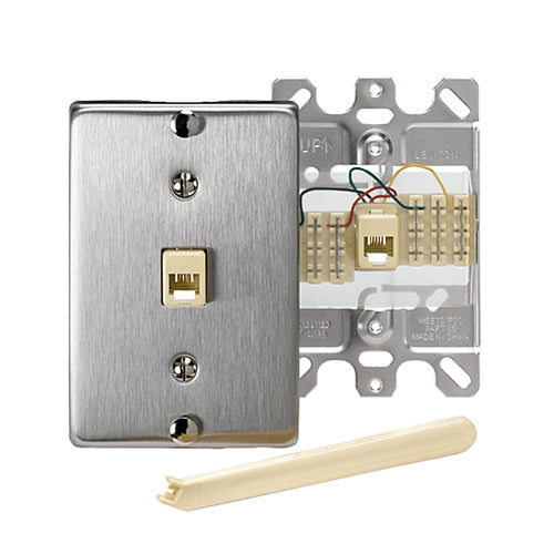 Leviton 40223-S, Telephone Wall Phone Jack Wallplate, 110-Style, 6P4C Quick-Connect, Stainless Steel with Metal Base