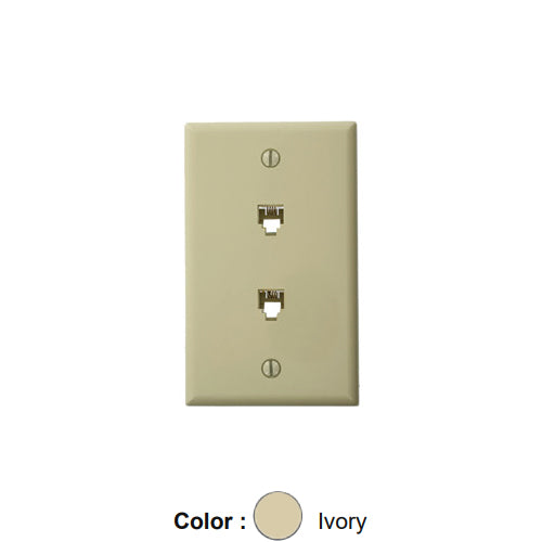 Leviton 40244-I, Standard Telephone & Video Wallplate, Wall Jack, 6P4C+6P4C, Screw Terminals, Ivory
