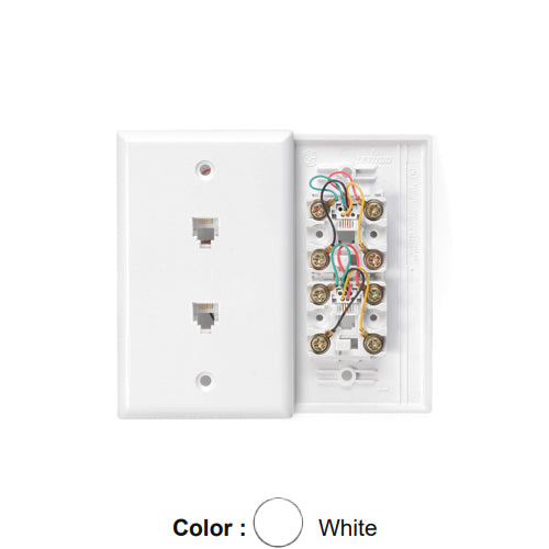 Leviton 40244-W, Standard Telephone & Video Wallplate, Wall Jack, 6P4C+6P4C, Screw Terminals, White