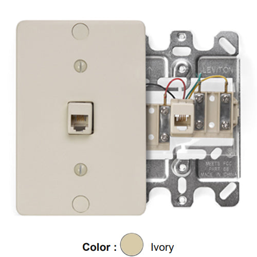 Leviton 40257-I, Telephone Wall Phone Jack Wallplate, 6P4C, Screw Terminal, Plastic with Metal Base, Ivory