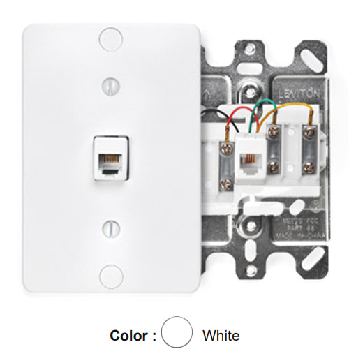Leviton 40257-W, Telephone Wall Phone Jack Wallplate, 6P4C, Screw Terminal, Plastic with Metal Base, White