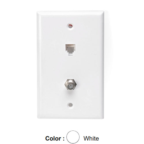 Leviton 40258-W, Standard Telephone & Video Wallplate, Wall Jack, 6P6C + F-Connector, Screw Terminals, White