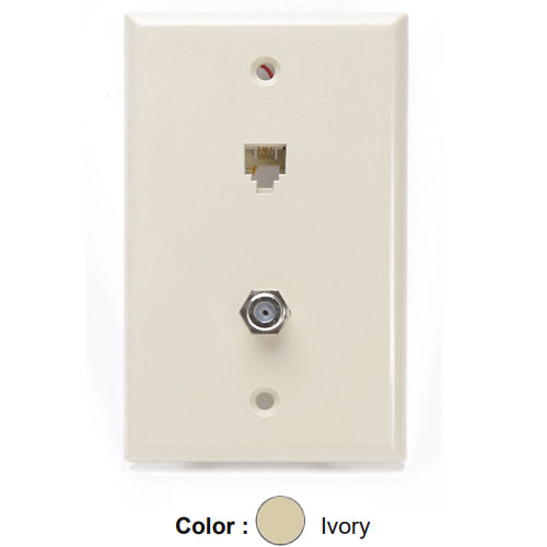 Leviton 40259-I, Standard Telephone & Video Wallplate, Wall Jack, 6P4C+F-Connector, Screw Terminals, Ivory