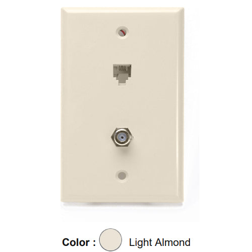Leviton 40259-T, Standard Telephone & Video Wallplate, Wall Jack, 6P4C+F-Connector, Screw Terminals, Light Almond