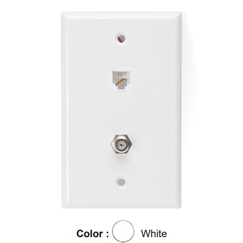 Leviton 40259-W, Standard Telephone & Video Wallplate, Wall Jack, 6P4C+F-Connector, Screw Terminals, White