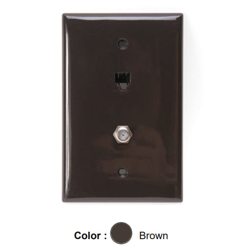Leviton 40539-CMB, Midway Telephone & Video Wallplate, Wall Jack, 6P4C+F-Connector, Nylon, Brown
