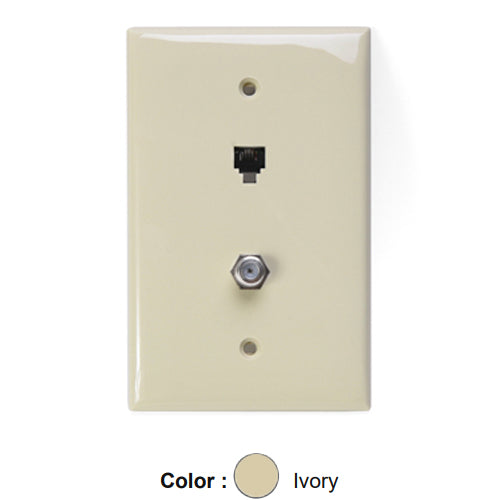 Leviton 40539-CMI, Midway Telephone & Video Wallplate, Wall Jack, 6P4C+F-Connector, Nylon, Ivory