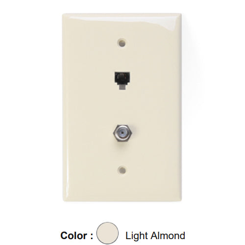 Leviton 40539-CMT, Midway Telephone & Video Wallplate, Wall Jack, 6P4C+F-Connector, Nylon, Light Almond