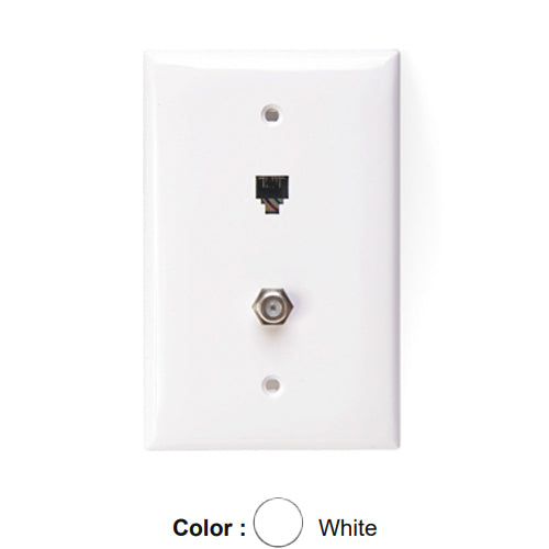 Leviton 40539-CMW, Midway Telephone & Video Wallplate, Wall Jack, 6P4C+F-Connector, Nylon, White