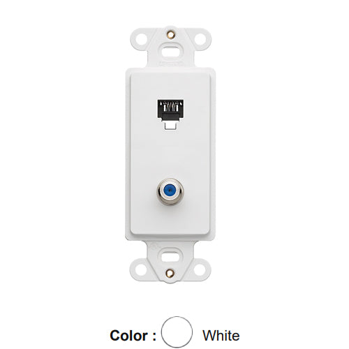 Leviton 40659-W, Decora Telephone and Video Insert with 6P4C + F-Connector Wall Jack, Screw Terminals, White