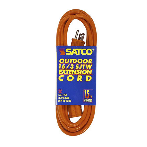 Satco 93-5035, 15 Foot Orange Heavy Duty Outdoor Extension Cord, 125V, 1625W, 13A, 16/3 Gauge SJTW-3 Orange Cord With Sleeve