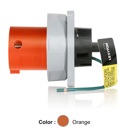 Leviton 460B12WLEV, LEV Series North American-Rated IEC 60309-1 & 60309-2 Pin & Sleeve Inlet, Industrial Grade, 60A 125/250V, 3-Pole, 4-Wire, IP66/IP67/IP68/IP69K, Watertight, Orange