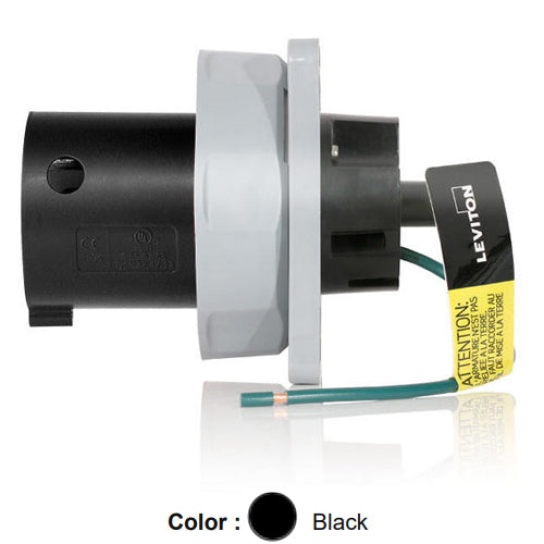 Leviton 560B5WLEV, LEV Series North American-Rated IEC 60309-1 & 60309-2 Pin & Sleeve Inlet, Industrial Grade, 3-Phase, 60A 347/600V, 4-Pole, 5-Wire, IP66/IP67/IP68/IP69K, Watertight, Black