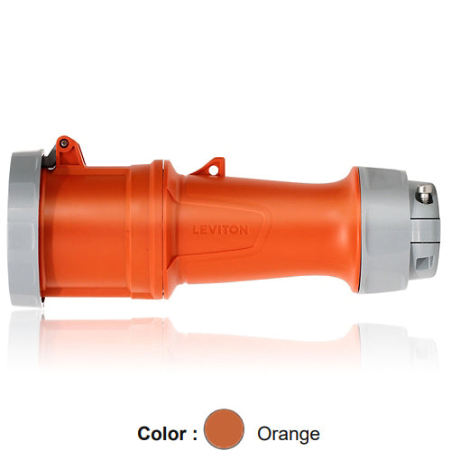 Leviton 460C12WLEV, LEV Series North American-Rated IEC 60309-1 & 60309-2 Pin & Sleeve Connector, Industrial Grade, 60A 125/250V, 3-Pole, 4-Wire, IP66/IP67/IP68/IP69K, Watertight, Orange