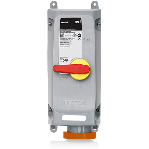 Leviton 460MI12WLEV, LEV Series North American-Rated IEC 60309-1 & 60309-2 Pin & Sleeve Mechanical Interlock, Industrial Grade, 60A 125/250V, 3-Pole, 4-Wire, IP66/IP67/IP68/IP69K, Watertight, Non-Fused, Orange