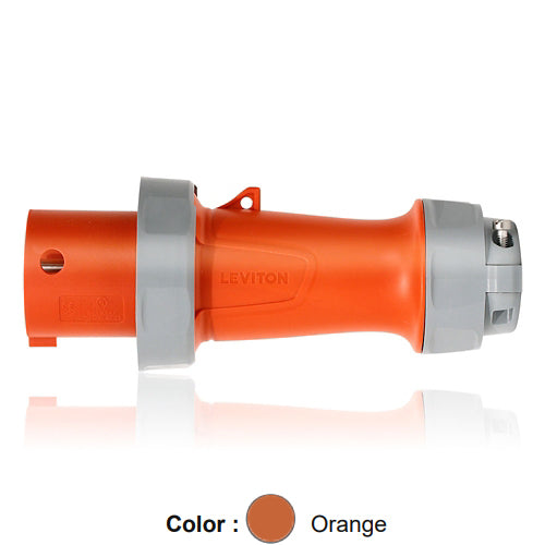 Leviton 460P12WLEV, LEV Series North American-Rated IEC 60309-1 & 60309-2 Pin & Sleeve Plug, Industrial Grade, 60A 125/250V, 3-Pole, 4-Wire, IP66/IP67/IP68/IP69K, Watertight, Orange