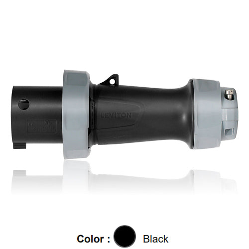 Leviton 560P5WLEV, LEV Series North American-Rated IEC 60309-1 & 60309-2 Pin & Sleeve Plug with Standard Clamp, Industrial Grade, 3-Phase, 60A 347/600V, 4-Pole, 5-Wire, IP66/IP67/IP68/IP69K, Watertight, Black