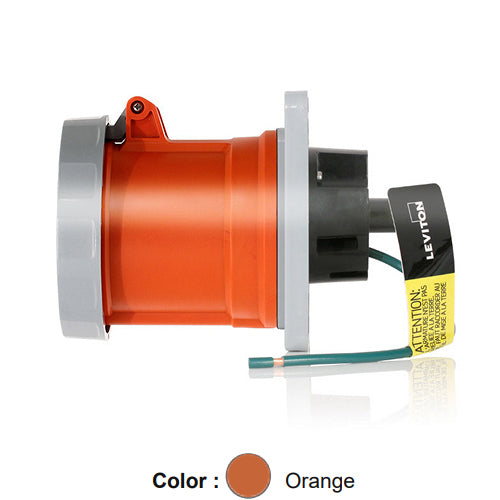 Leviton 460R12WLEV, LEV Series North American-Rated IEC 60309-1 & 60309-2 Pin & Sleeve Receptacle, Industrial Grade, 60A 125/250V, 3-Pole, 4-Wire, IP66/IP67/IP68/IP69K, Watertight, Orange