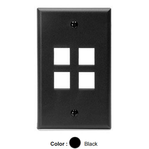 Leviton 41080-4EP, Quickport Single-Gang Wallplate, 4-Port, Flush Mount, Black, 3 Packs