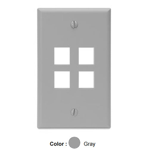 Leviton 41080-4GP, Quickport Single-Gang Wallplate, 4-Port, Flush Mount, Gray, 3 Packs