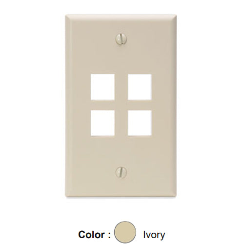 Leviton 41080-4IP, Quickport Single-Gang Wallplate, 4-Port, Flush Mount, Ivory, 2 Packs