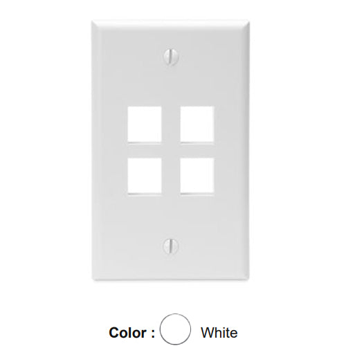 Leviton 41080-4WP, Quickport Single-Gang Wallplate, 4-Port, Flush Mount, White, 2 Packs