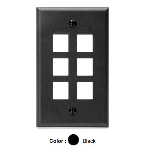 Leviton 41080-6EP, Quickport Single-Gang Wallplate, 6-Port, Flush Mount, Black, 2 Packs