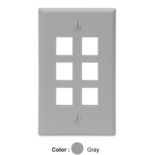 Leviton 41080-6GP, Quickport Single-Gang Wallplate, 6-Port, Flush Mount, Gray, 2 Packs