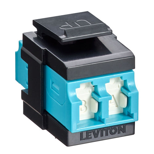 Leviton 41086-LLE, QuickPort Fiber Duplex LC Adapter, Shuttered, Laser Optimized Multimode, OM3/4, Zirconia Ceramic Sleeve, Aqua/Black