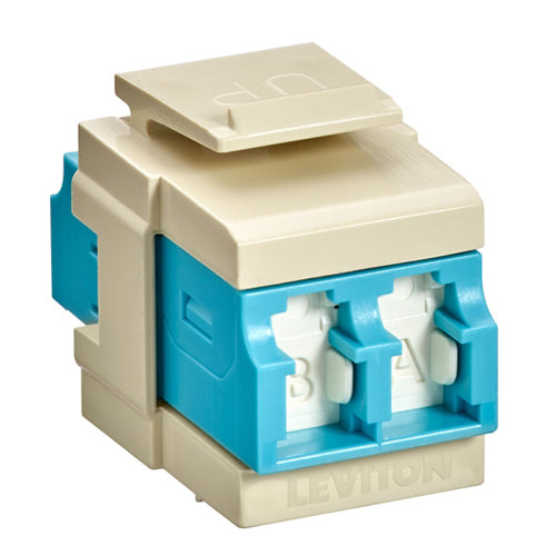 Leviton 41086-LLI, QuickPort Fiber Duplex LC Adapter, Shuttered, Laser Optimized Multimode, OM3/4, Zirconia Ceramic Sleeve, Aqua/Ivory