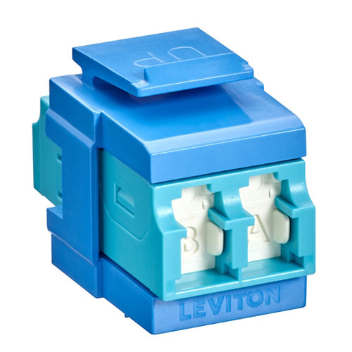 Leviton 41086-LLL, QuickPort Fiber Duplex LC Adapter, Shuttered, Laser Optimized Multimode, OM3/4, Zirconia Ceramic Sleeve, Aqua/Blue
