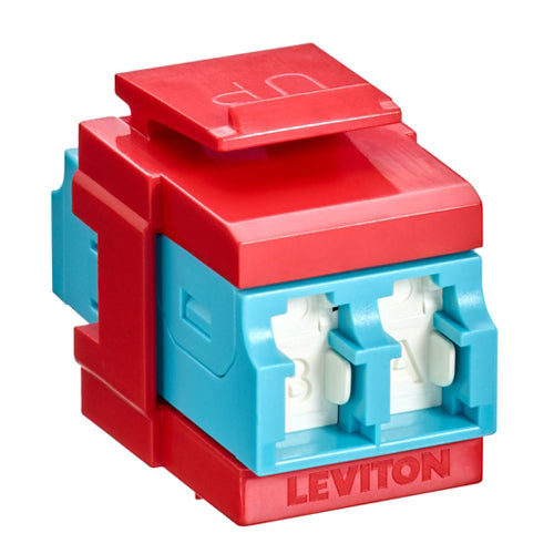 Leviton 41086-LLR, QuickPort Fiber Duplex LC Adapter, Shuttered, Laser Optimized Multimode, OM3/4, Zirconia Ceramic Sleeve, Aqua/Crimson Red