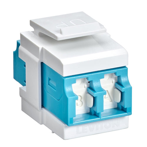Leviton 41086-LLW, QuickPort Fiber Duplex LC Adapter, Shuttered, Laser Optimized Multimode, OM3/4, Zirconia Ceramic Sleeve, Aqua/White