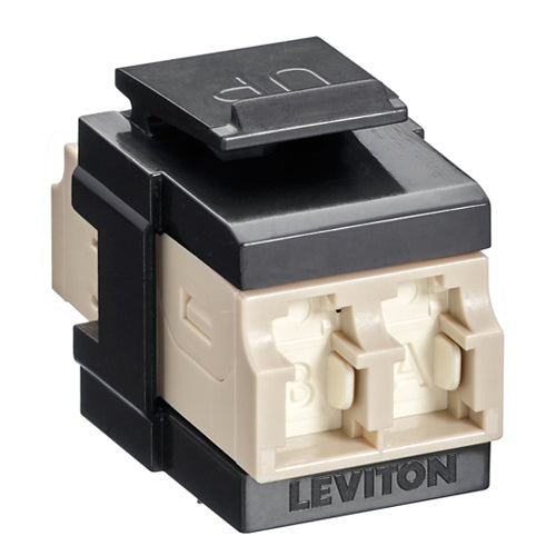 Leviton 41086-MLE, QuickPort Fiber Duplex LC Adapter, Shuttered, Multimode, OM1/2, Zirconia Ceramic Sleeve, Beige/Black