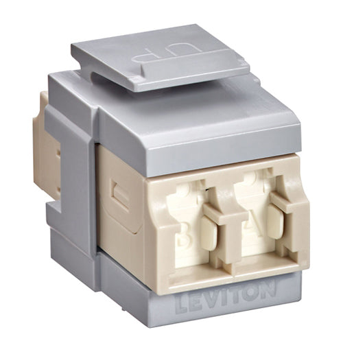Leviton 41086-MLG, QuickPort Fiber Duplex LC Adapter, Shuttered, Multimode, OM1/2, Zirconia Ceramic Sleeve, Beige/Gray