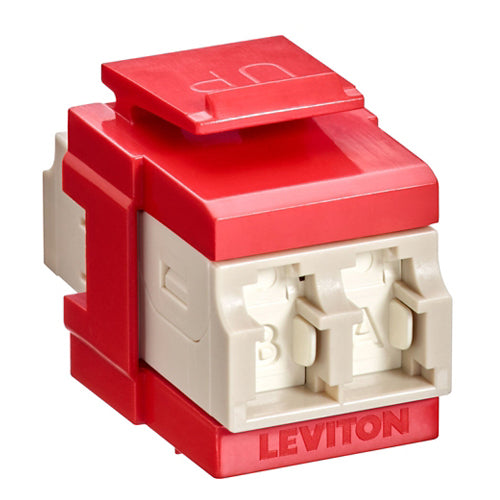 Leviton 41086-MLR, QuickPort Fiber Duplex LC Adapter, Shuttered, Multimode, OM1/2, Zirconia Ceramic Sleeve, Beige/Crimson Red