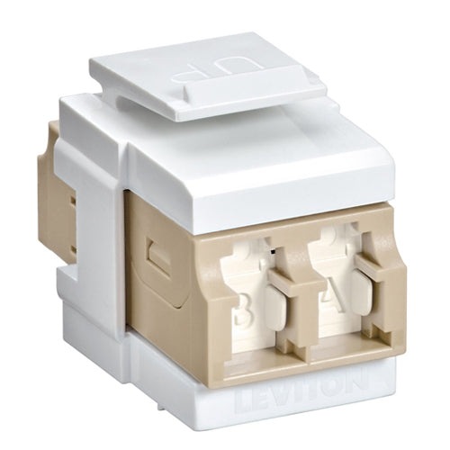 Leviton 41086-MLW, QuickPort Fiber Duplex LC Adapter, Shuttered, Multimode, OM1/2, Zirconia Ceramic Sleeve, Beige/White
