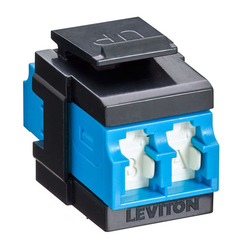 Leviton 41086-SLE, QuickPort Fiber Duplex LC Adapter, Shuttered, Single-Mode, OS2, Zirconia Ceramic Sleeve, Blue/Black