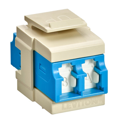 Leviton 41086-SLI, QuickPort Fiber Duplex LC Adapter, Shuttered, Single-Mode, OS2, Zirconia Ceramic Sleeve, Blue/Ivory