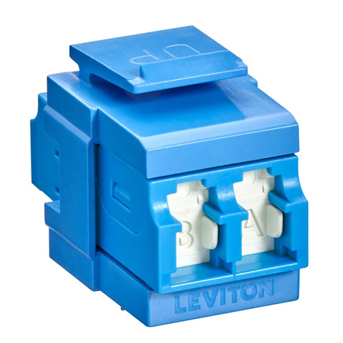 Leviton 41086-SLL, QuickPort Fiber Duplex LC Adapter, Shuttered, Single-Mode, OS2, Zirconia Ceramic Sleeve, Blue/Blue