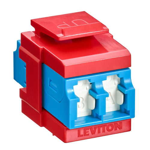 Leviton 41086-SLR, QuickPort Fiber Duplex LC Adapter, Shuttered, Single-Mode, OS2, Zirconia Ceramic Sleeve, Blue/Crimson Red